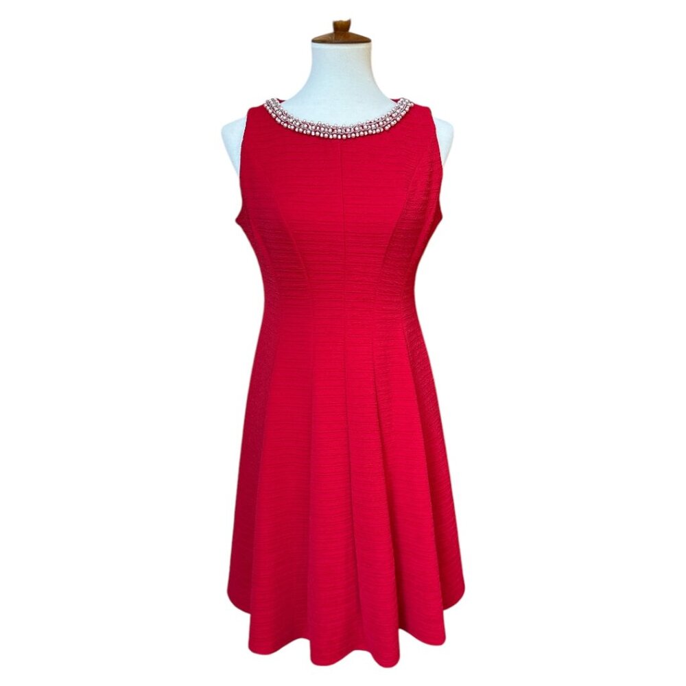 Sandra Darren Red Jeweled Neckline Fit & Flare Dress Small
